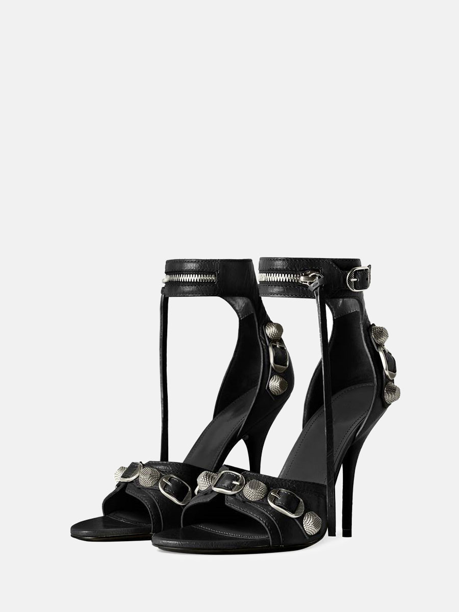 Women’s Microfiber Ankle Strap Buckle ZIpper Tassel Studded Stiletto Heels Sandals (5)