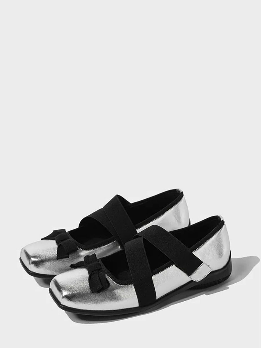 Women’s Microfiber Leather Bow Mary Jane Accent Elastic Strap Square Toe Ballet Flats