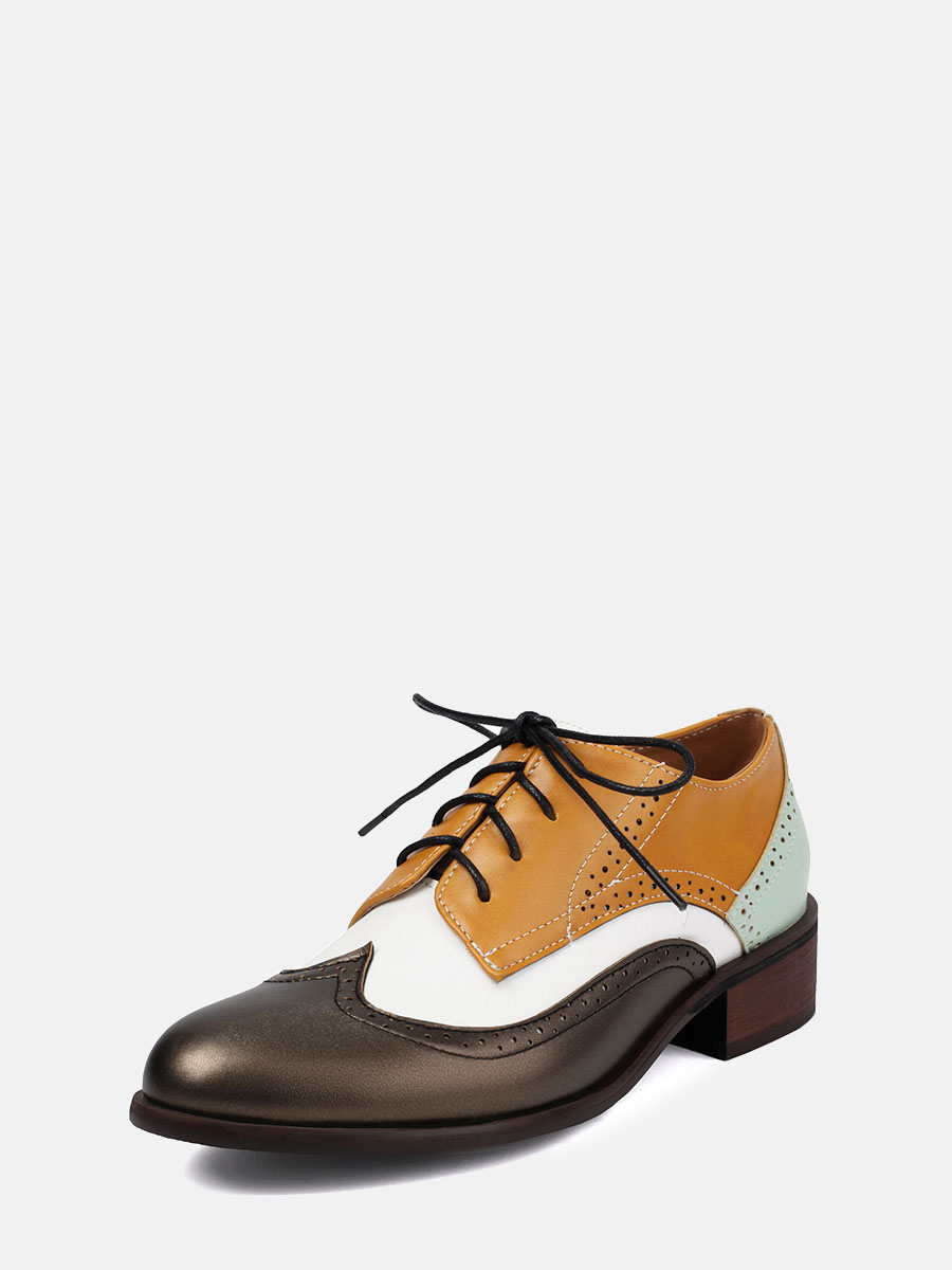 Women’s Multicolor Microfiber Lace-Up Brogue Round Toe Low Block Heels Oxfords