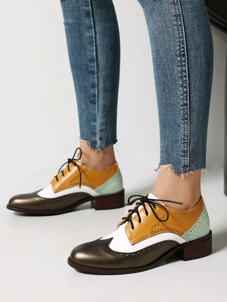 Women’s Multicolor Microfiber Synthetic Lace-Up Brogue Round Toe Low Block Heels Oxfords (5)
