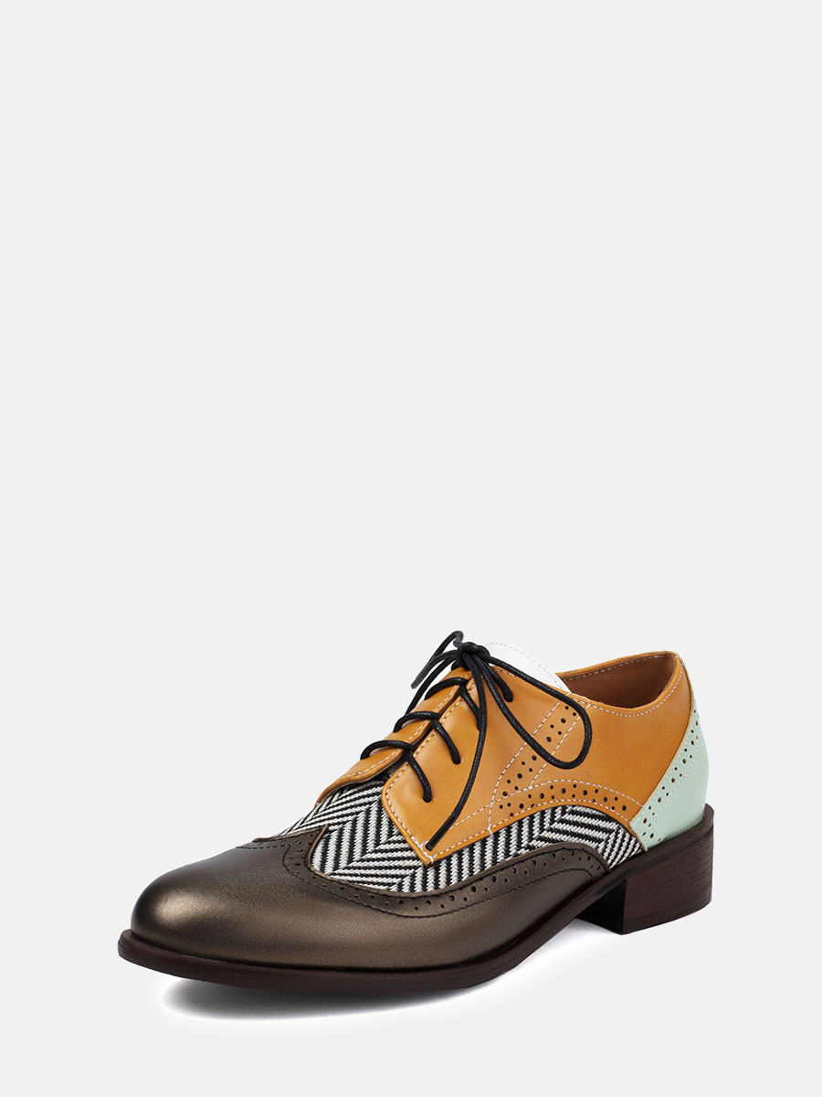 Women’s Multicolor Microfiber Striped-Print Lace-Up Brogue Round Toe Low Block Heels Oxfords