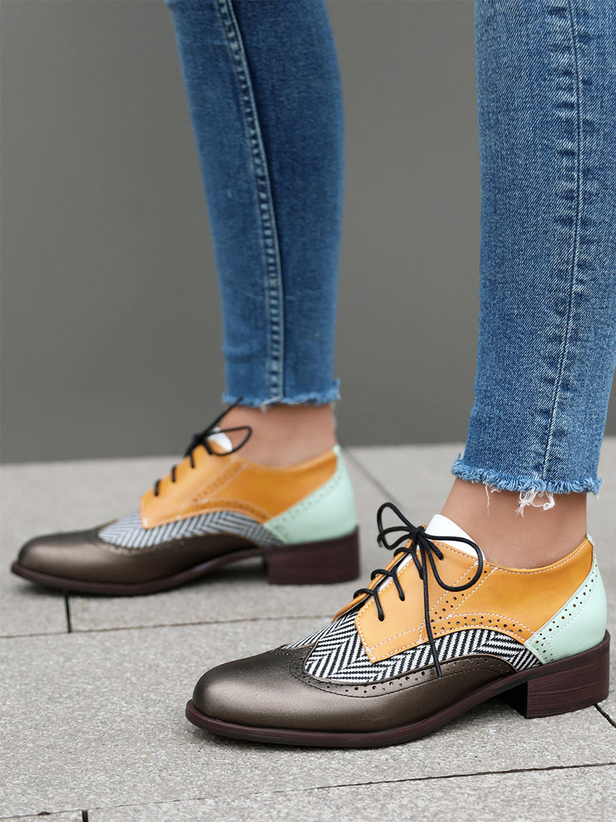 Women’s Multicolor Microfiber Zebra-Print Lace-Up Brogue Round Toe Low Block Heels Oxfords (5)