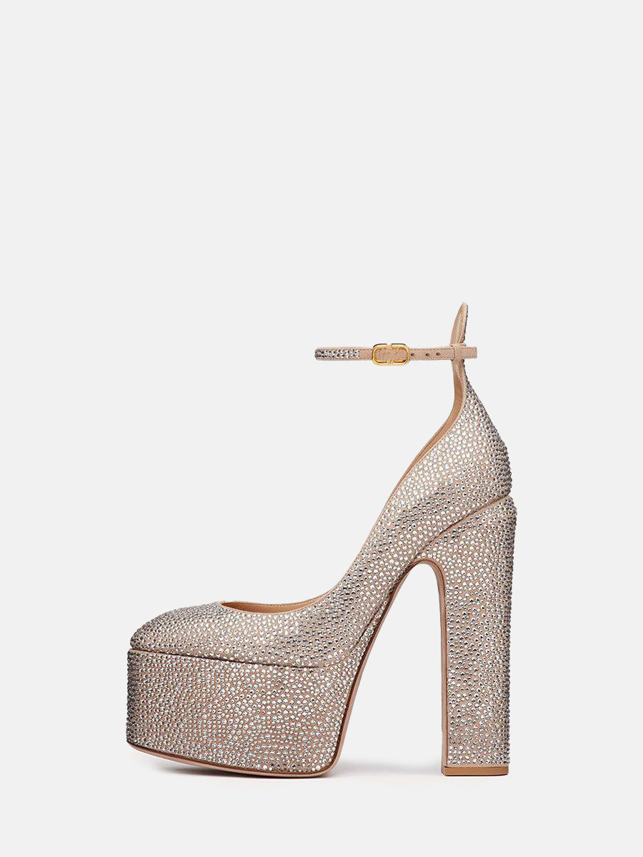 Women’s Nude Matte Microfiber Rhinestone Ankle Strap Buckle Platform Block Heels Pumps
