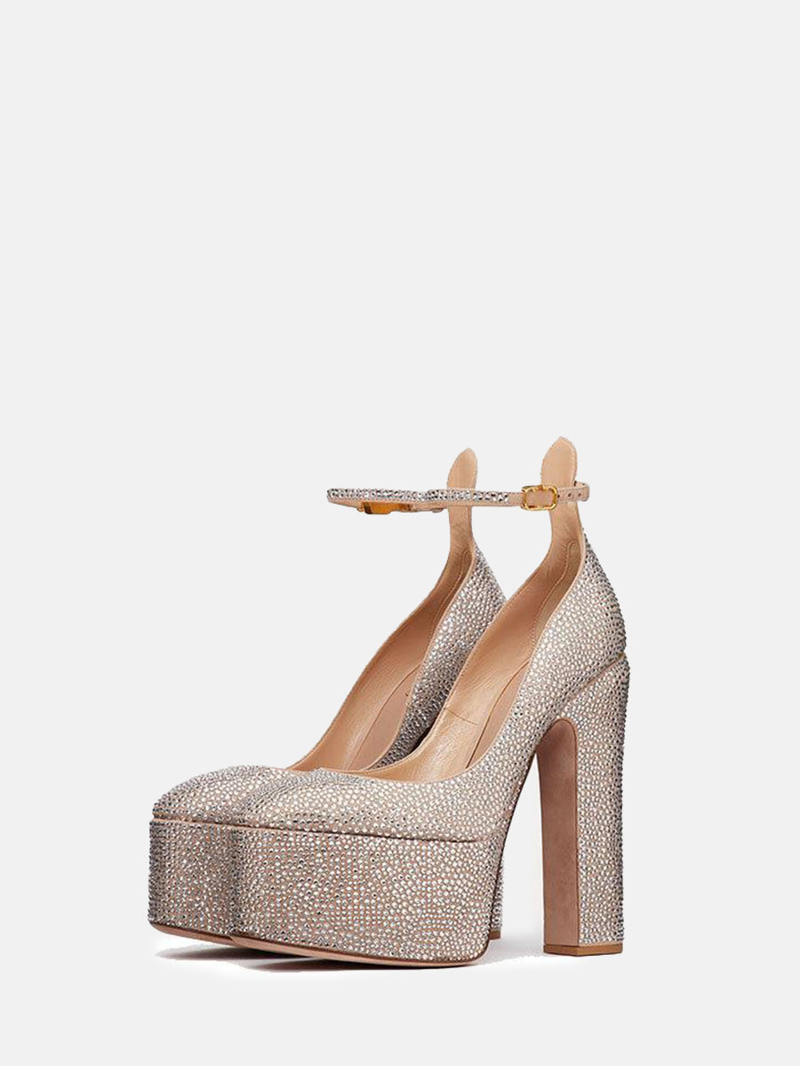 Women’s Nude Matte Microfiber Rhinestone Ankle Strap Buckle Platform Block Heels Pumps (2)