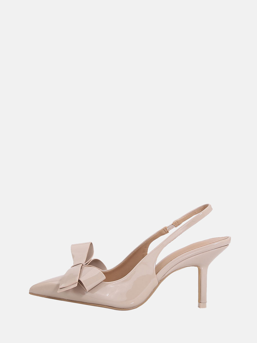 Women’s Nude Patent Microfiber Pointed Toe Bow Stiletto Heels Slingback Pumps