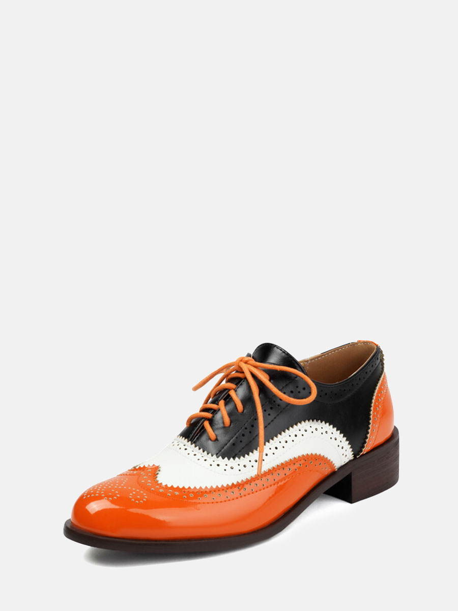 Women’s Orange Patent Microfiber Leather Brogue Lace-Up Low Block Heels Oxfords