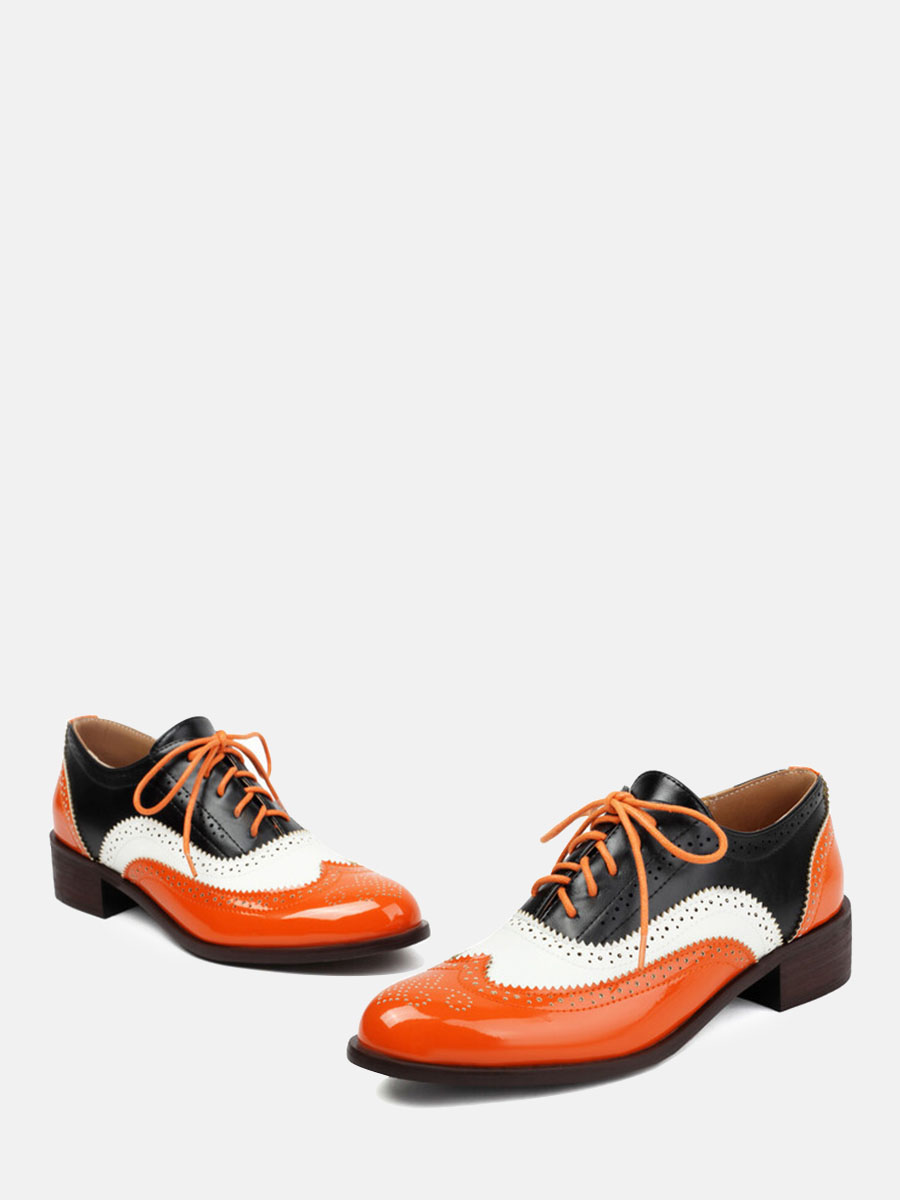 Women’s Orange Patent Microfiber Leather Brogue Lace-Up Low Block Heels Oxfords (2)