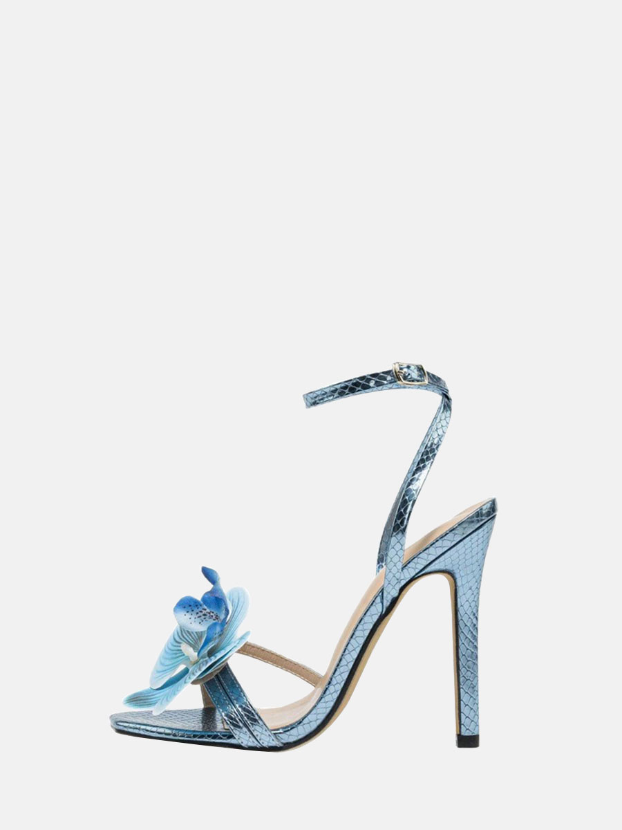 Women’s PU Ankle Strap Buckle Flower Stiletto Heels Square Toe Sandals