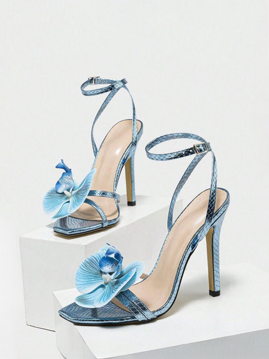 Women’s PU Ankle Strap Buckle Flower Stiletto Heels Square Toe Sandals (2)