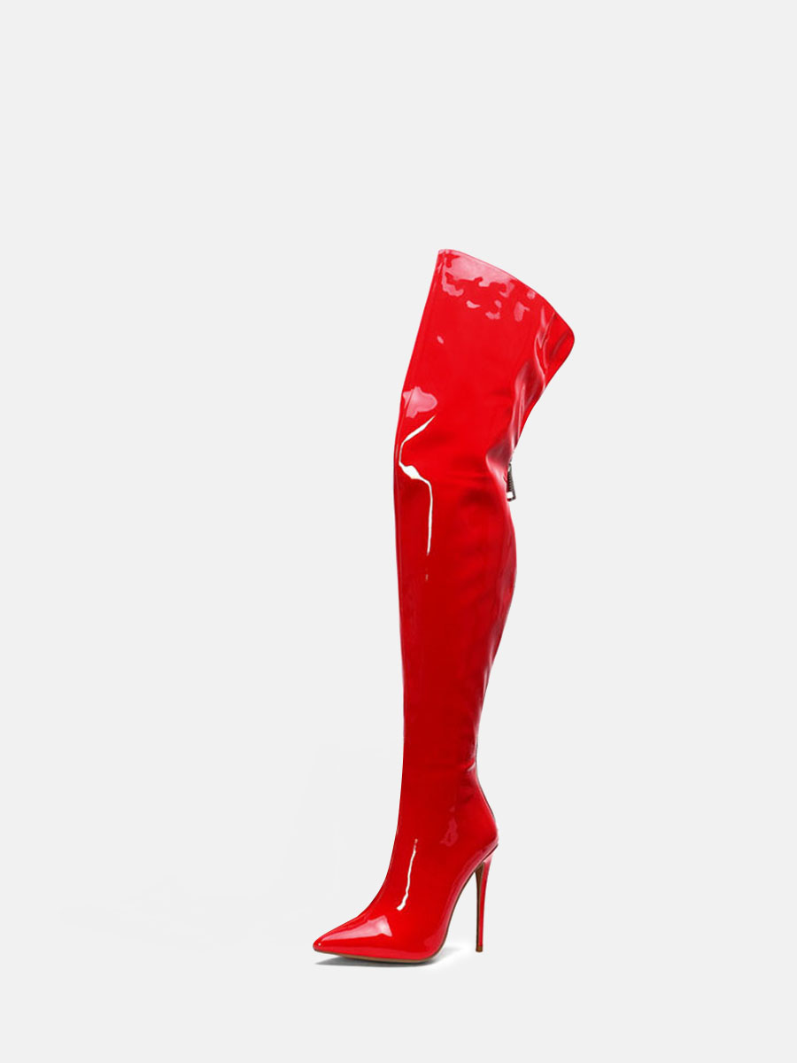 Women’s Patent Leather Back Zipper Pointed Toe Stiletto Heels Over the Knee Boots