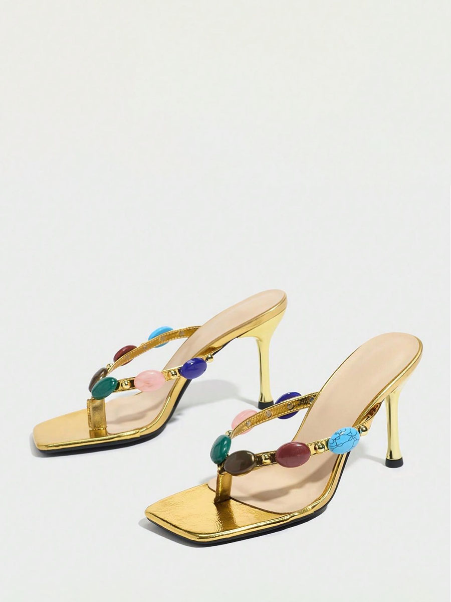 Women’s Patent PU Colorful-Gemstone Stiletto Heels Square Toe Thong Sandals