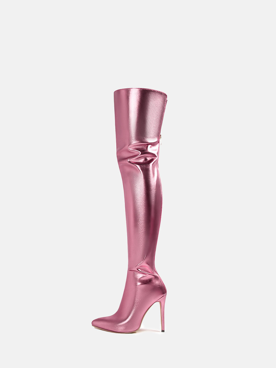 Women’s Pink Metallic PU Back Zipper Pointed Toe Stiletto Heels Over the Knee Boots