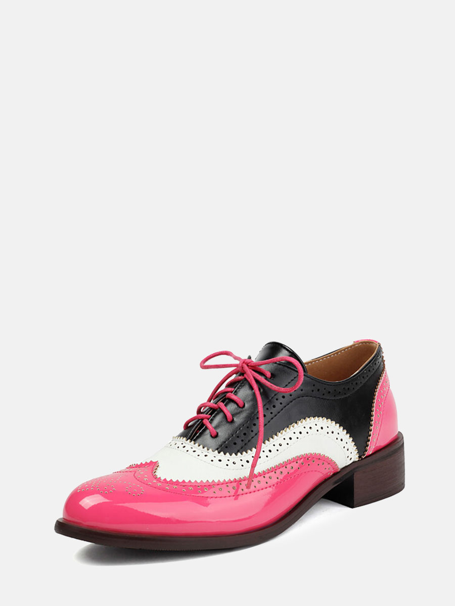 Women’s Hot Pink Patent Microfiber Leather Brogue Lace-Up Low Block Heels Oxfords