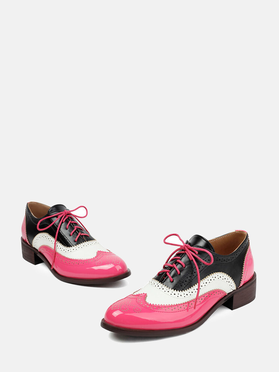 Women’s Pink Patent Microfiber Leather Brogue Lace-Up Low Block Heels Oxfords (2)