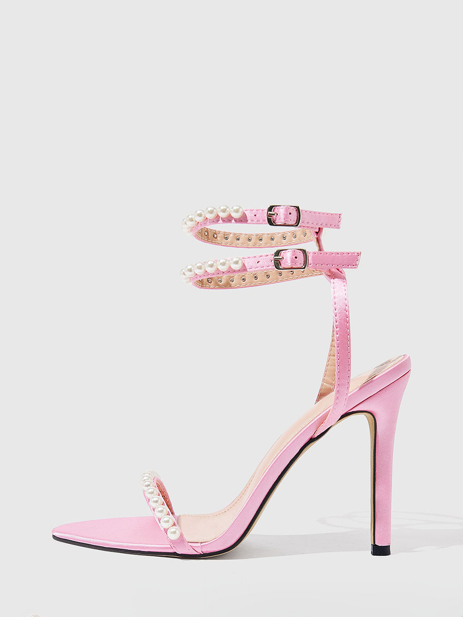 Women’s Pink Satin Pearl Embellished Ankle Strap Buckle Open Toe Stiletto Heels Sandals