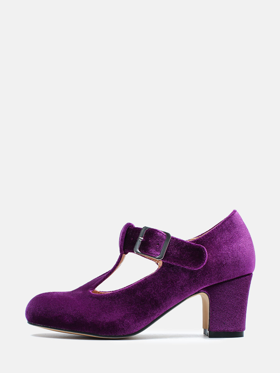 Women’s Purple Velvet T-Strap Buckle Mary Jane Block Heels Round Toe Pumps