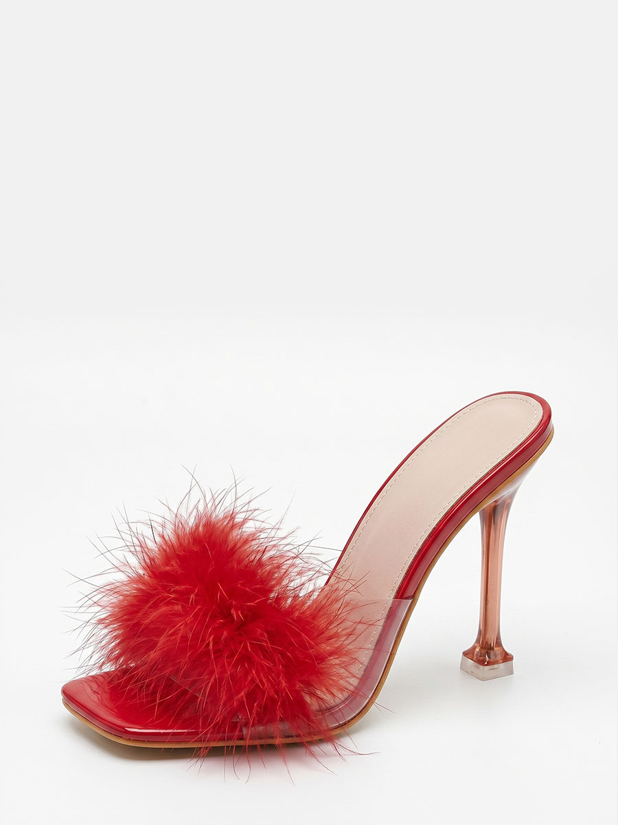 Women’s Red Clear PVC Feather Strap Square Toe Stiletto Heels Mules Sandals