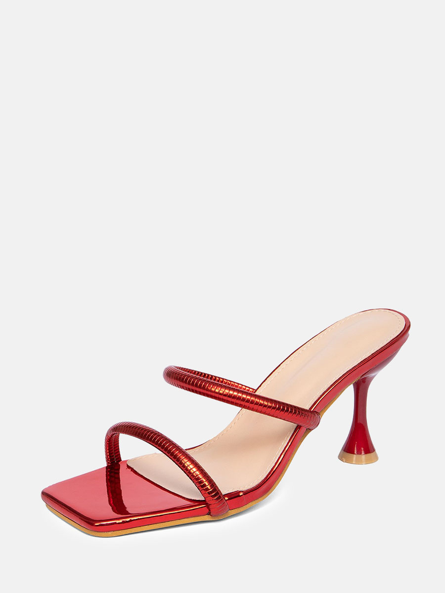 Women’s Red Metallic PU Double Strap Square Toe Spool Heels Mule Sandals