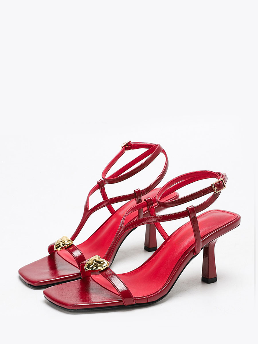 Women’s Red Waxed Synthetic Leather Gold-Heart Buckle T-Strap Stiletto Heels Square Toe Sandals