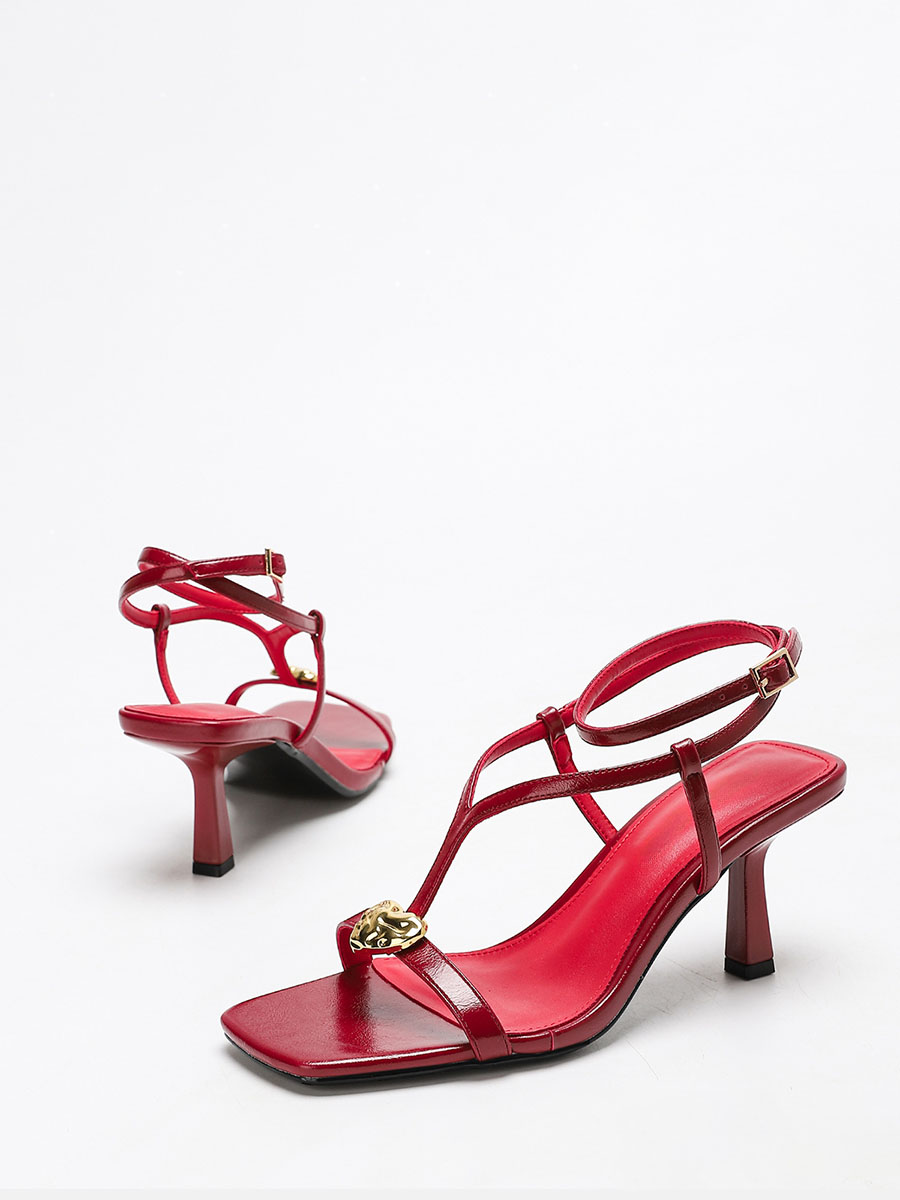 Women’s Red Waxed Synthetic Leather Gold-Heart Buckle T-Strap Stiletto Heels Square Toe Sandals (3)