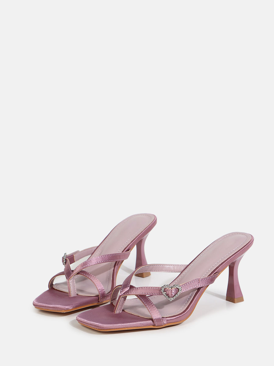 Women’s Satin Square Toe Heart Rhinestones Buckle Spool Heels Thong Sandals (1)