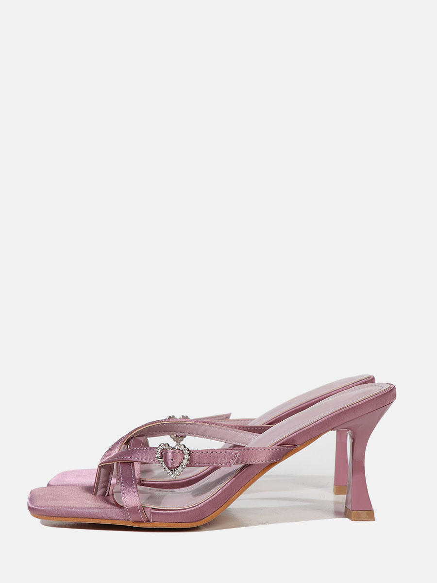 Women’s Satin Square Toe Heart Rhinestones Buckle Spool Heels Thong Sandals
