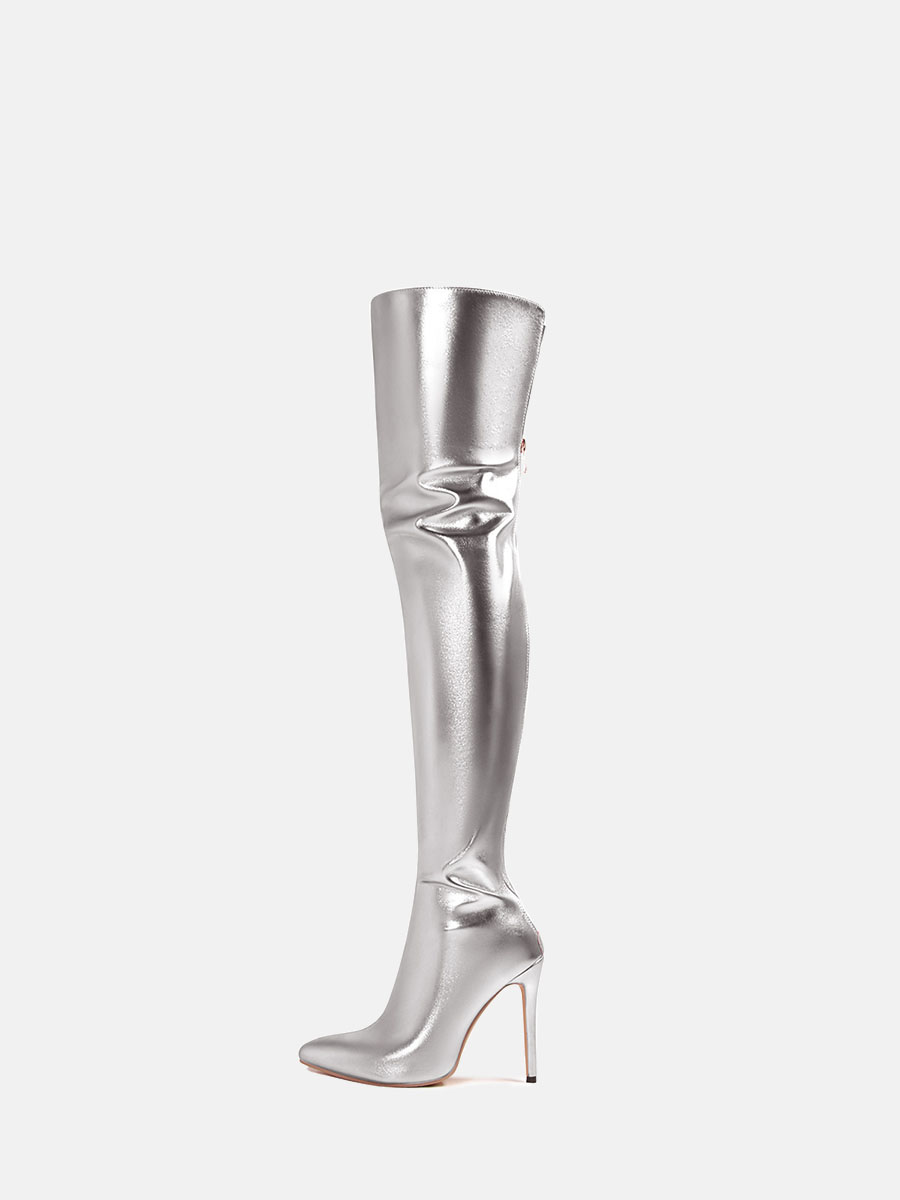 Women’s Silver Metallic PU Back Zipper Pointed Toe Stiletto Heels Over the Knee Boots