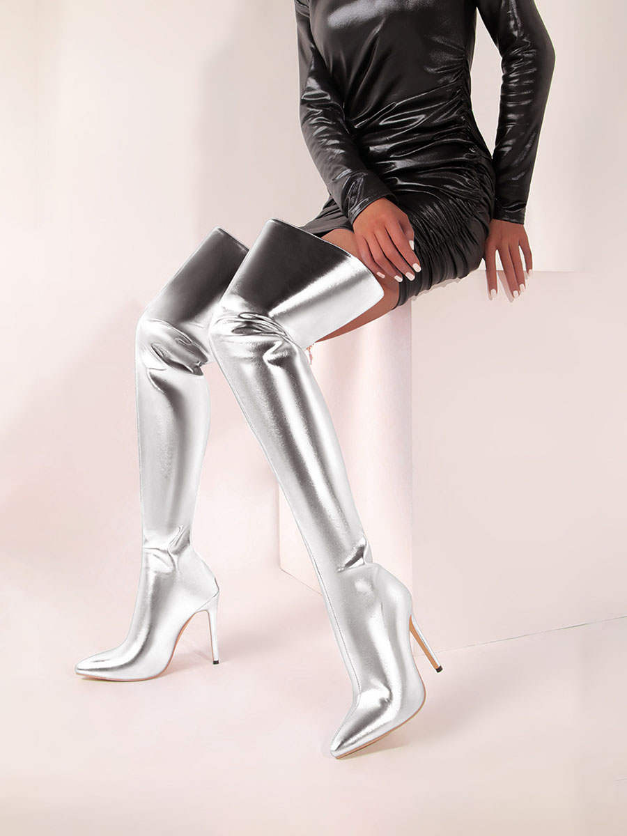 Women’s Silver Metallic PU Back Zipper Pointed Toe Stiletto Heels Over the Knee Boots (3)