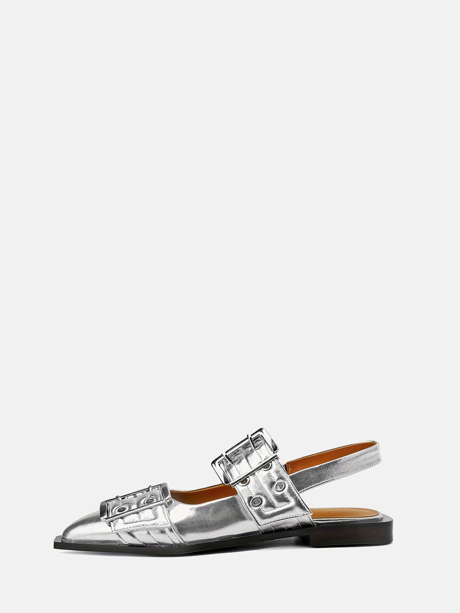 Women’s Silver Metallic PU Buckle Strap Slingback Pointed Toe Flats