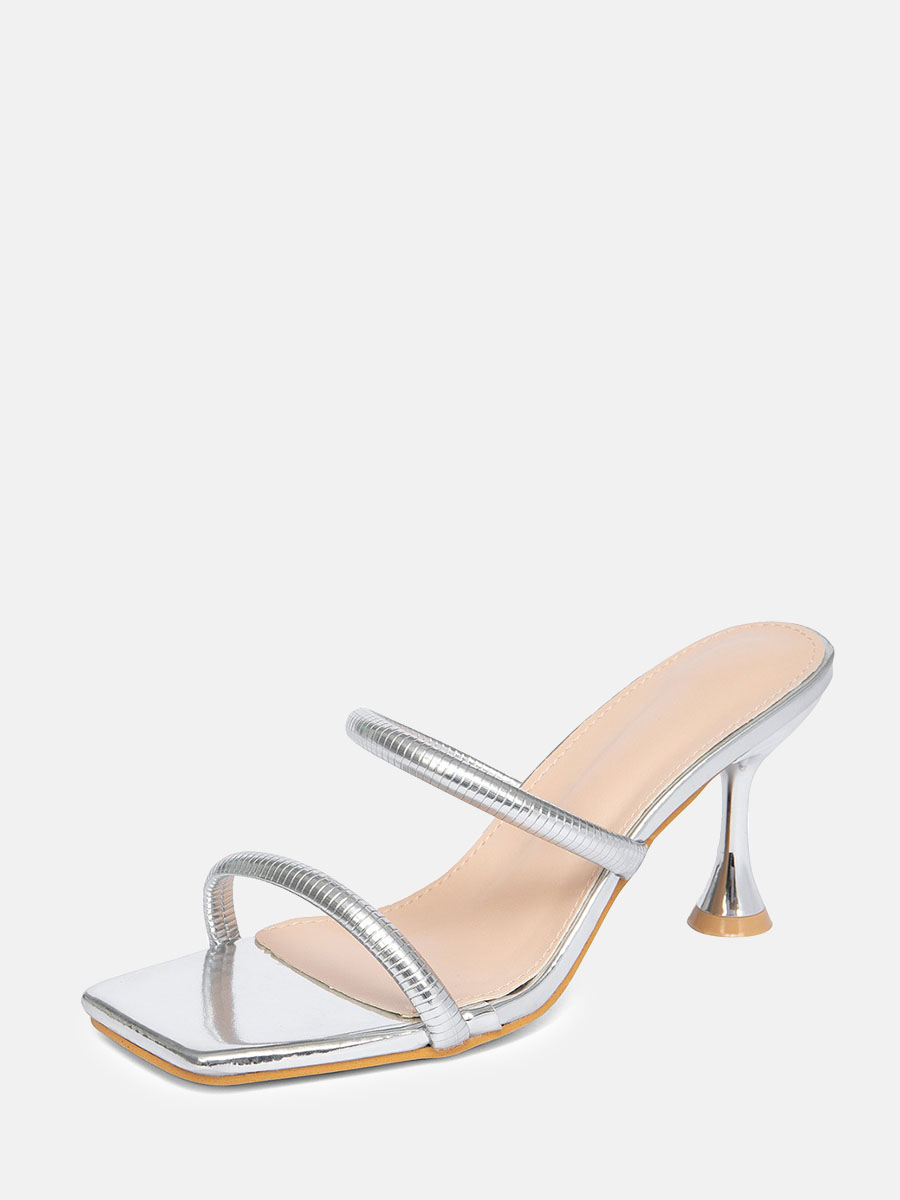 Women’s Silver Metallic PU Double Strap Square Toe Spool Heels Mule Sandals
