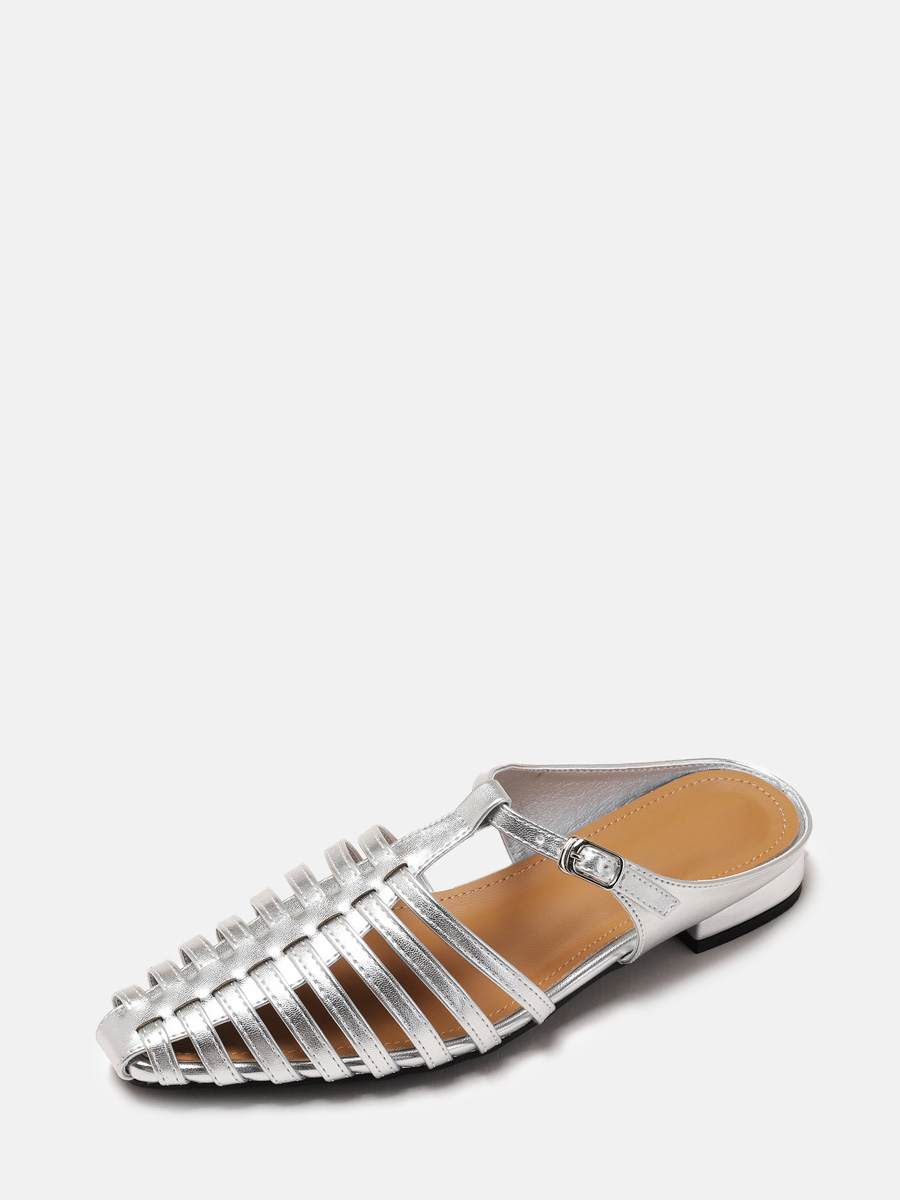 Women’s Silver PU Buckle Square Toe Low Block Heels Gladiator Sandals