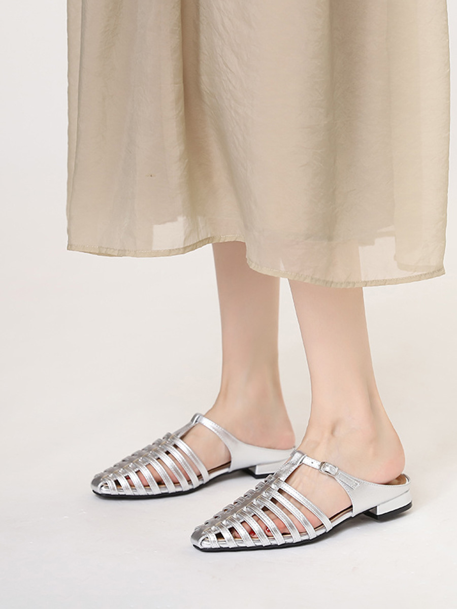 Women’s Silver PU Buckle Square Toe Low Block Heels Gladiator Sandals (8)