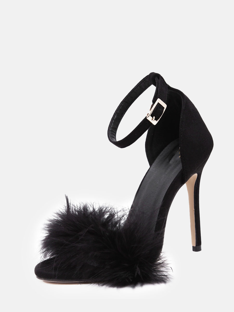 Women’s Suede Feather Strap Almond Toe Stiletto Heels Ankle Strap Sandals
