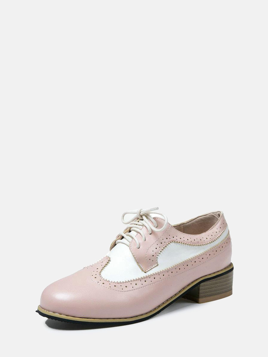 Women’s Synthetic Embossed Lace-Up Brogue Low Block Heels Oxfords