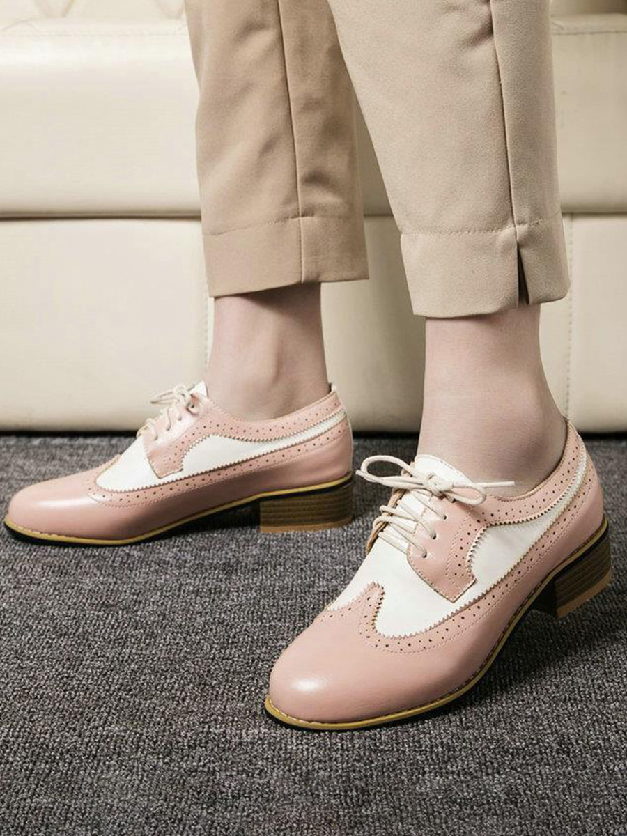 Women’s Synthetic Embossed Lace-Up Brogue Low Block Heels Oxfords (9)