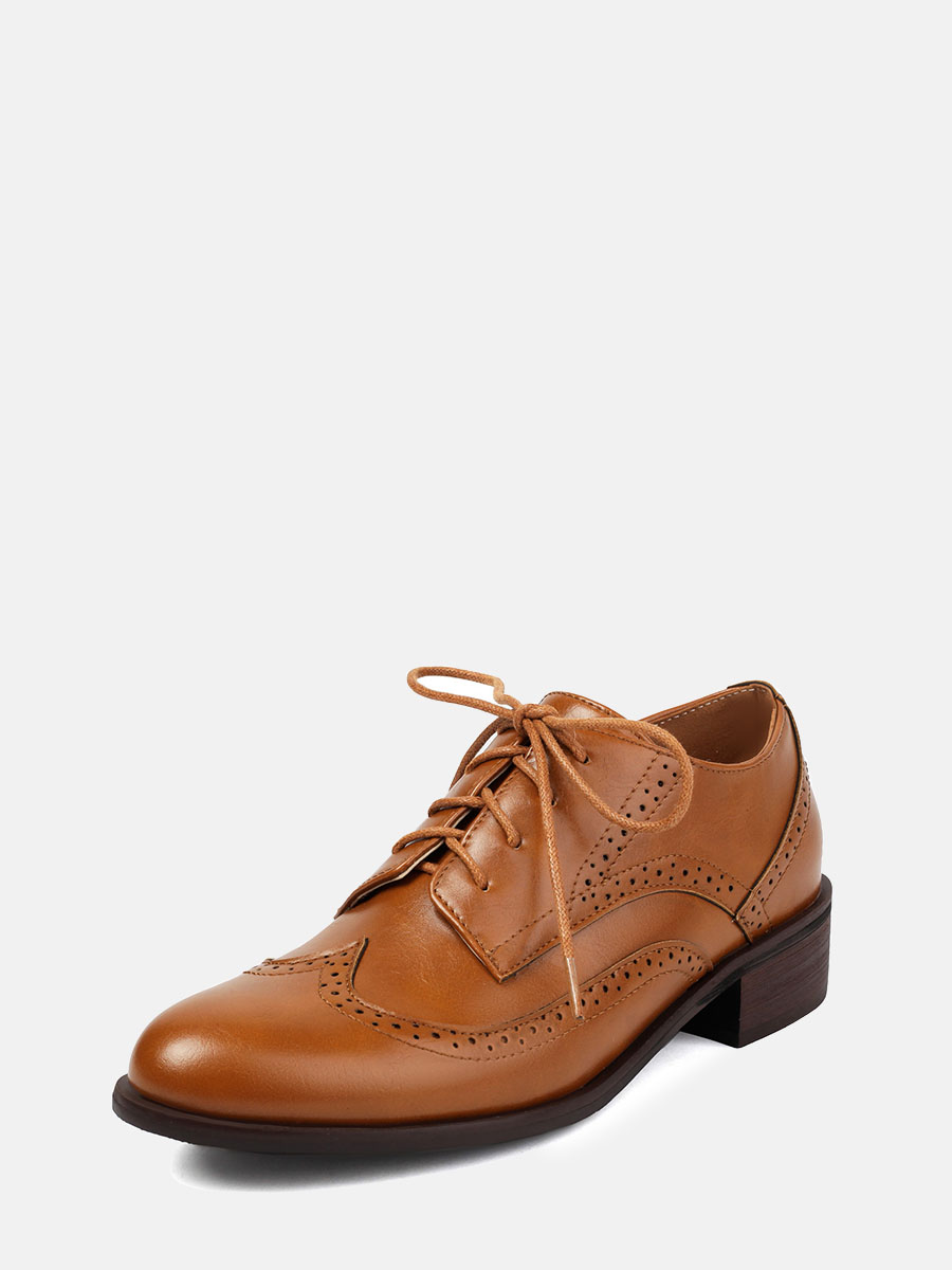 Women’s Tan Microfiber Lace-Up Brogue Round Toe Low Block Heels Oxfords