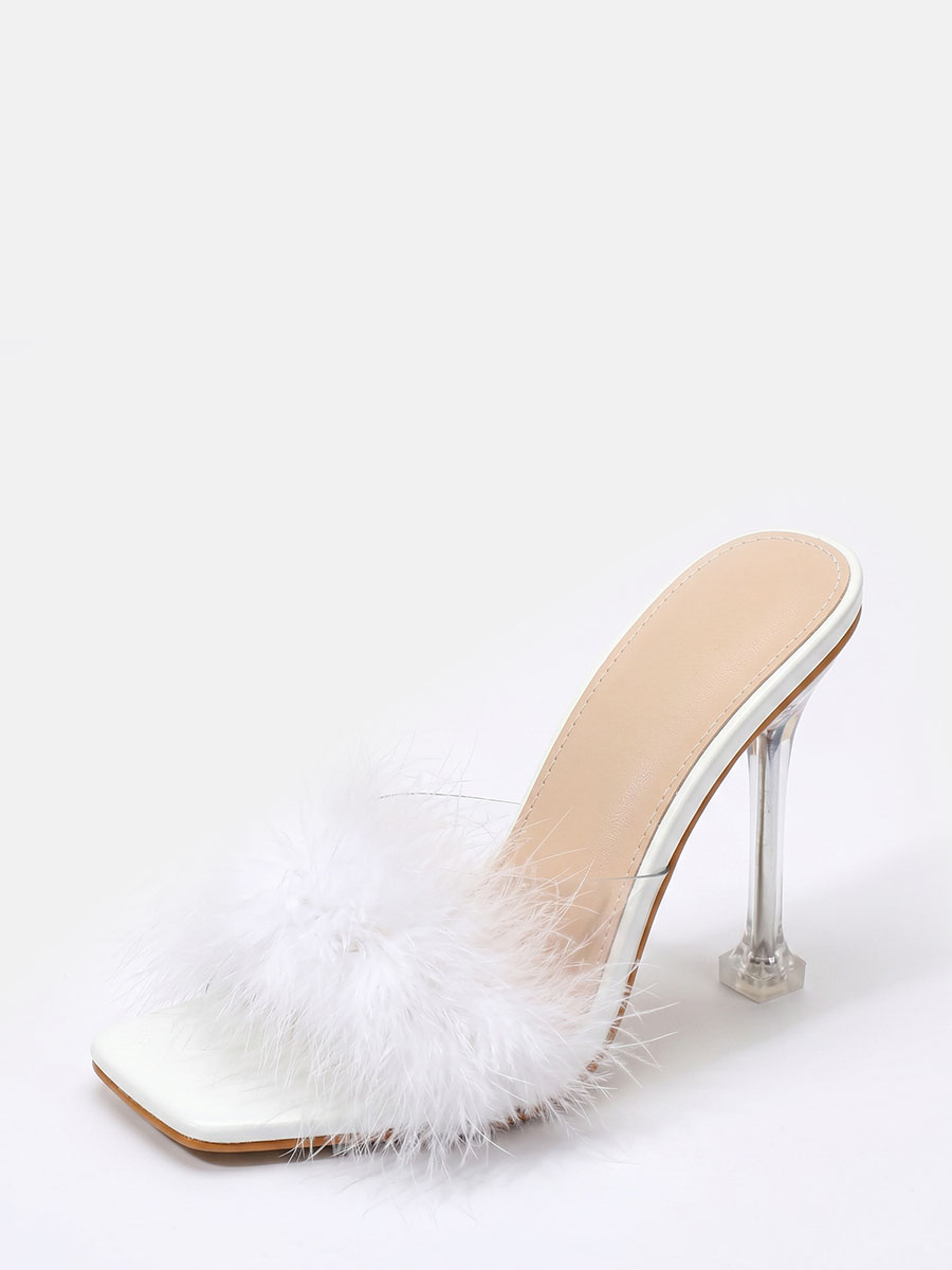 Women’s White Clear PVC Feather Strap Square Toe Stiletto Heels Mules Sandals