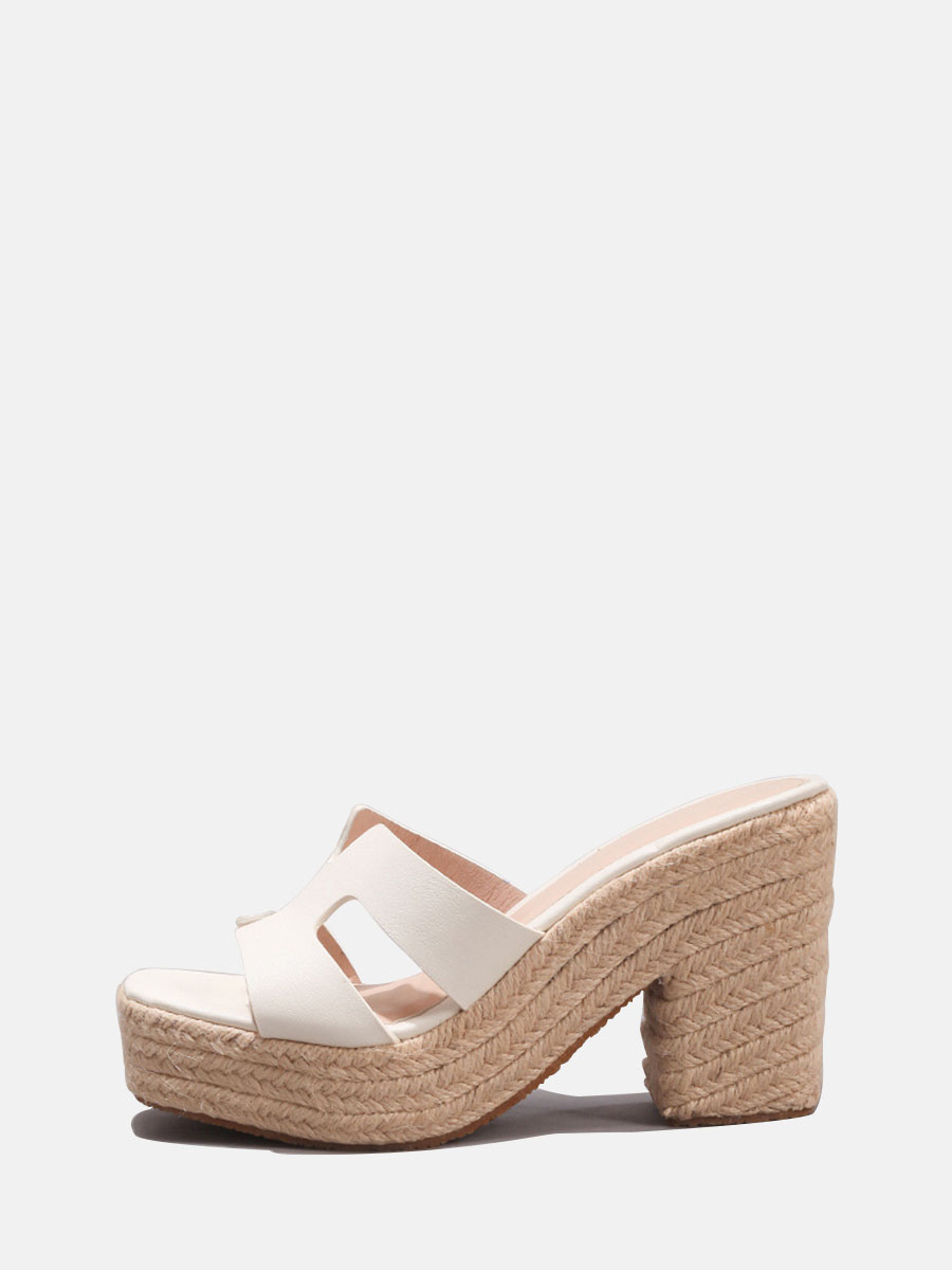 Women’s White Linen Woven Platform Block Heels Square Toe Slide Sandals