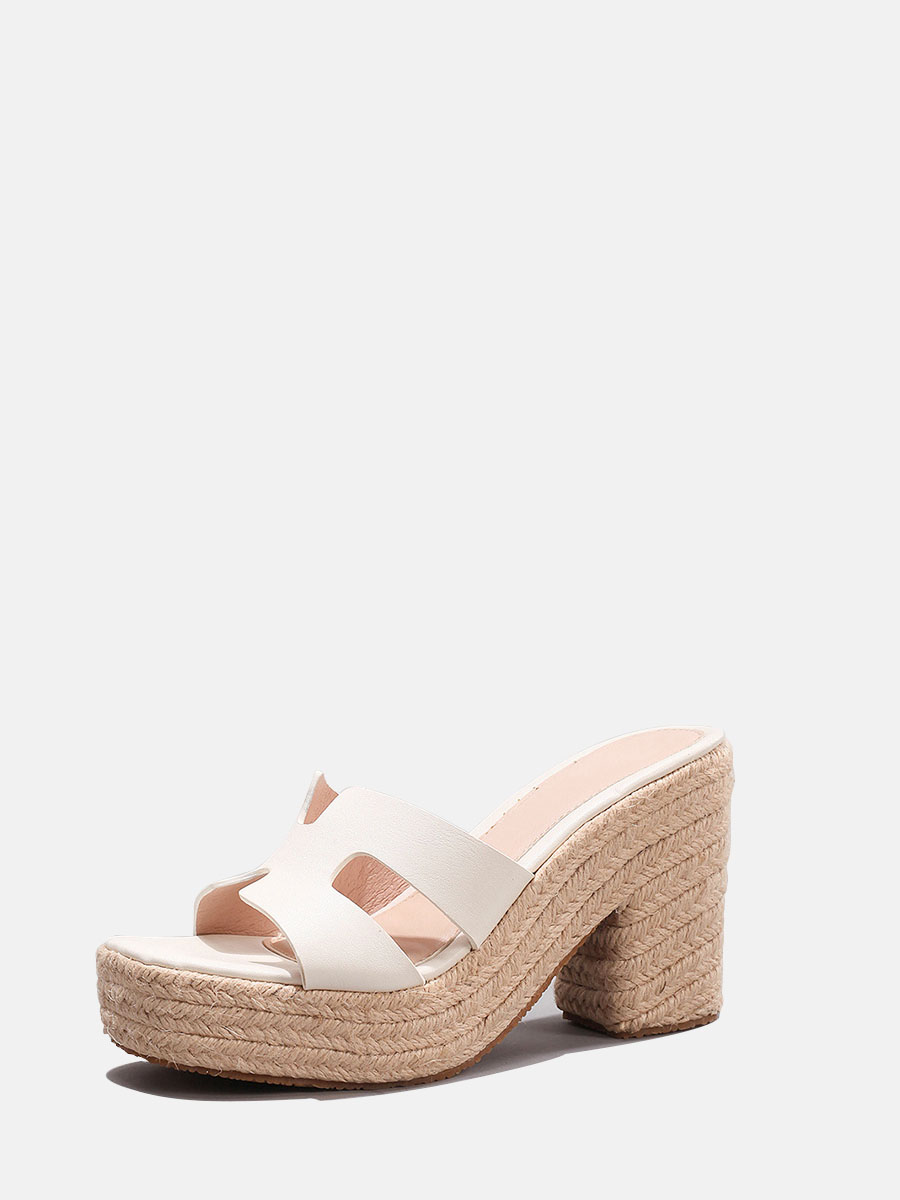 Women’s White Linen Woven Platform Block Heels Square Toe Slide Sandals (2)