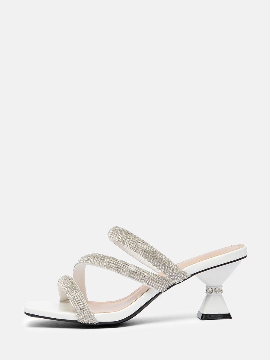 Women’s White PU Rhinestone Multi-Strap Square Toe Block Heels Mules Sandals