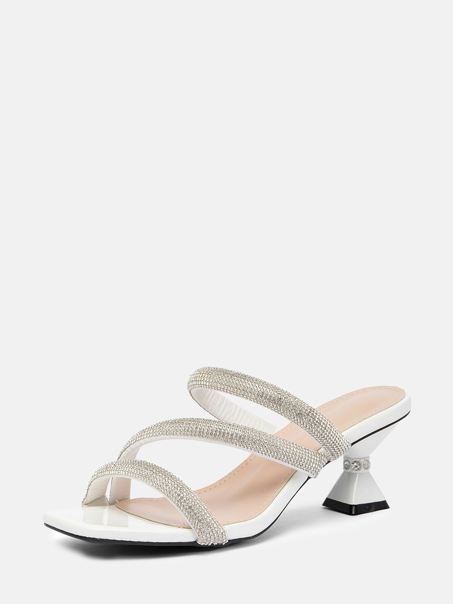 Women’s White PU Rhinestone Multi-Strap Square Toe Block Heels Mules (2)
