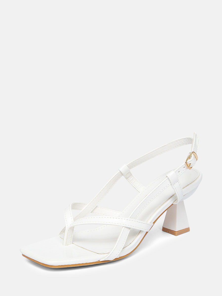 Women’s White Patent PU Square Toe Slingback Buckle Block Heels Thong Sandals