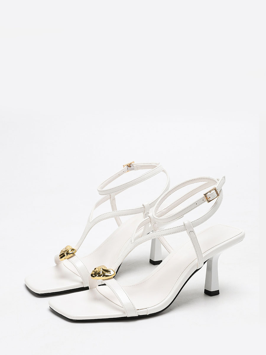Women’s White Waxed Synthetic Leather Gold-Heart Buckle T-Strap Stiletto Heels Square Toe Sandals