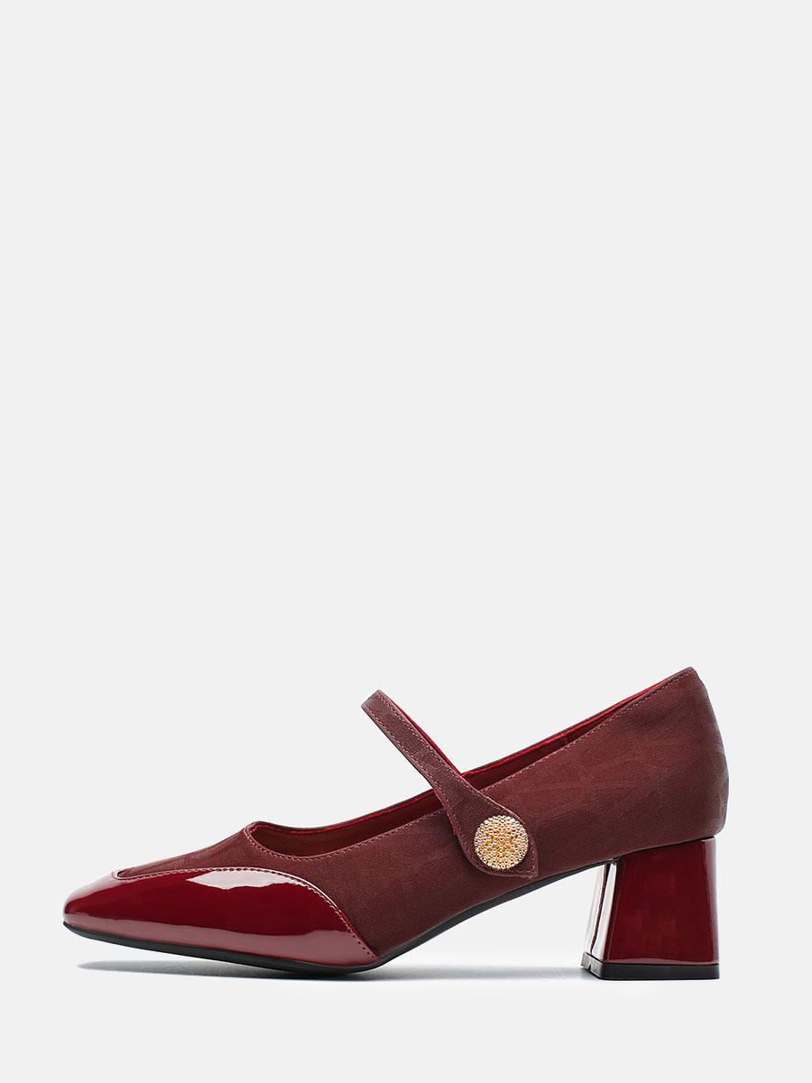 Women’s Wine Red PU Mary Jane Block Heels Patent Square Toe Buckle Pumps