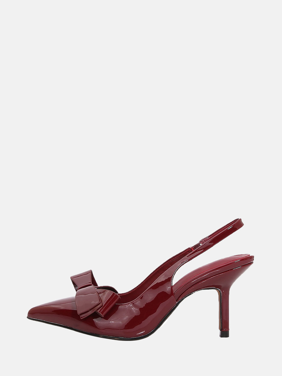 Women’s Wine Red Patent Microfiber Pointed Toe Bow Stiletto Heels Slingback Pumps