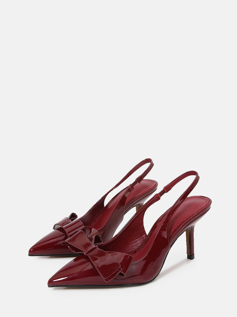Women’s Wine Red Patent Microfiber Pointed Toe Bow Stiletto Heels Slingback Pumps (2)