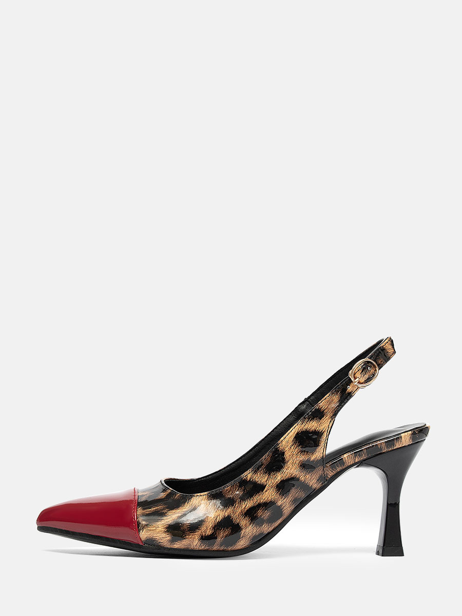Women’s Wine Red Pointed Toe Patent Synthetic Buckle Leopard Print Slingback Stiletto Heels