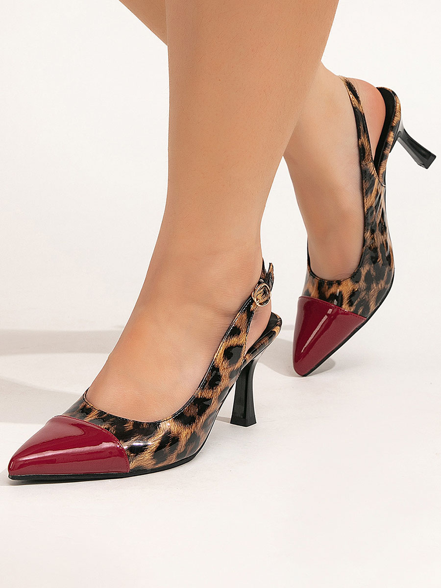 Women’s Wine Red Pointed Toe Patent Synthetic Buckle Leopard Print Slingback Stiletto Heels (7)