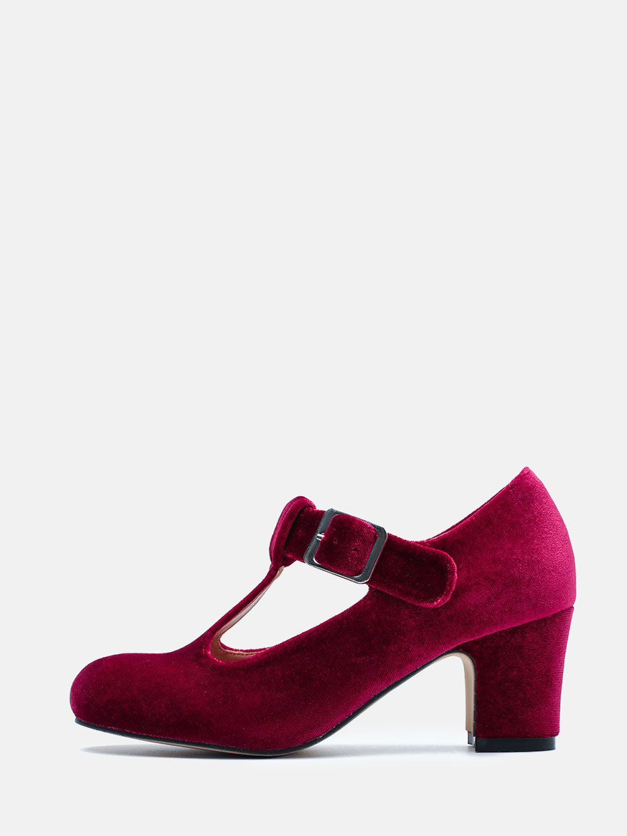 Women’s Wine Red Velvet T-Strap Buckle Mary Jane Block Heels Round Toe Pumps