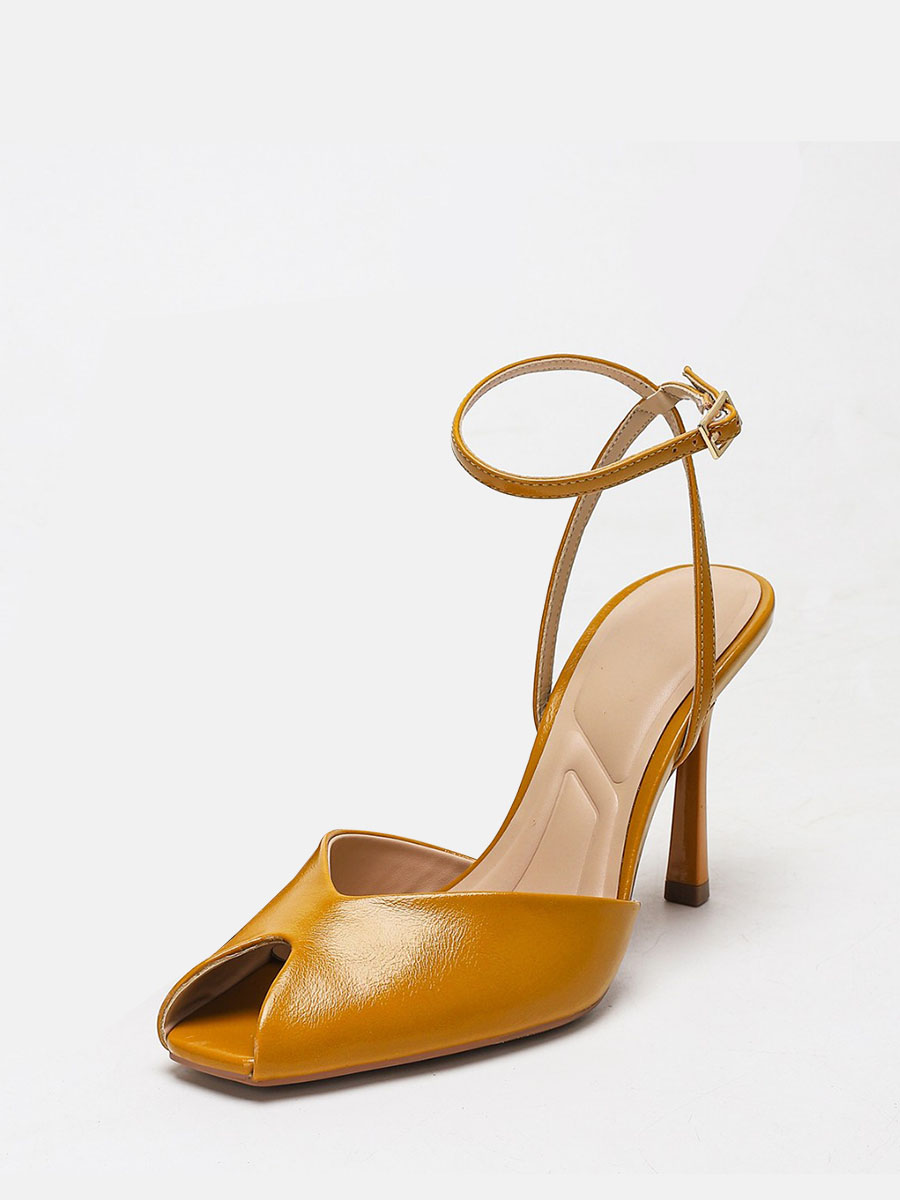 Women’s Yellow Oil Waxed Synthetic Leather Ankle Strap Buckle Peep Toe Stiletto Heels Sandals
